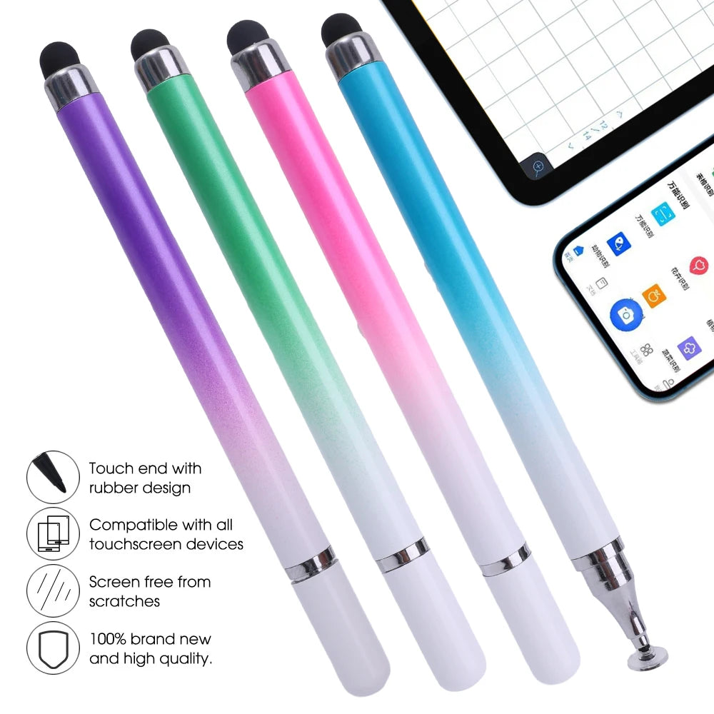 A set of four colorful stylus pens with rubber ends shown next to a tablet and smartphone screen