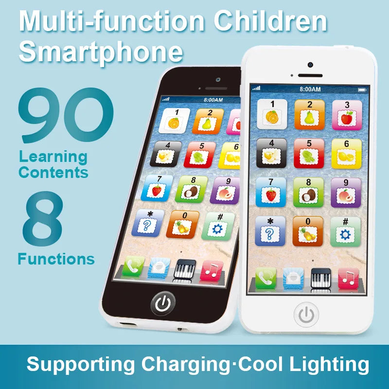 A multi-function children's smartphone displaying learning content and features.
