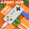 موزع أبيض ذو 4 منافذ مع منفذي USB Type-C وUSB، ويحتوي على أربعة أزرار ملونة.