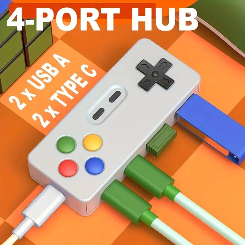 موزع أبيض ذو 4 منافذ مع منفذي USB Type-C وUSB، ويحتوي على أربعة أزرار ملونة.