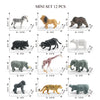 A mini set of 12 realistic animal figurines including a zebra, lion, bear, wolf, elephant, giraffe, tiger, and more.