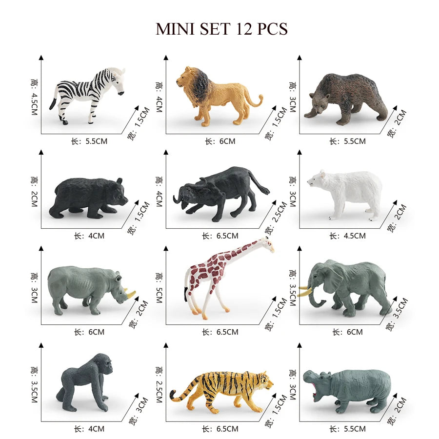 A mini set of 12 realistic animal figurines including a zebra, lion, bear, wolf, elephant, giraffe, tiger, and more.