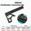 A 200mm combination measuring ruler showing dimensions for ruler body and base.