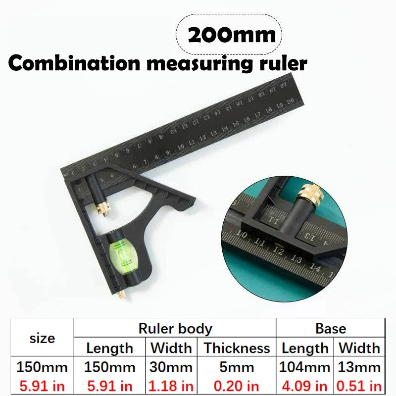 A 200mm combination measuring ruler showing dimensions for ruler body and base.