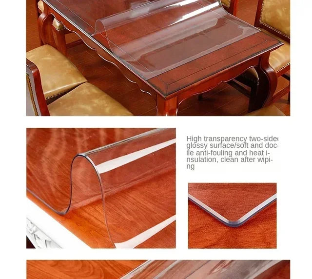 Two-sided glossy clear PVC table protector for wood surfaces, offering anti-fouling and heat insulation.