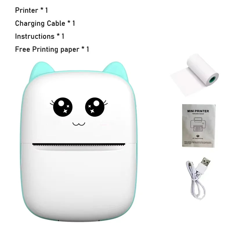 A white portable Bluetooth thermal printer with a cute face design is shown next to accessories like a charging cable and fre
