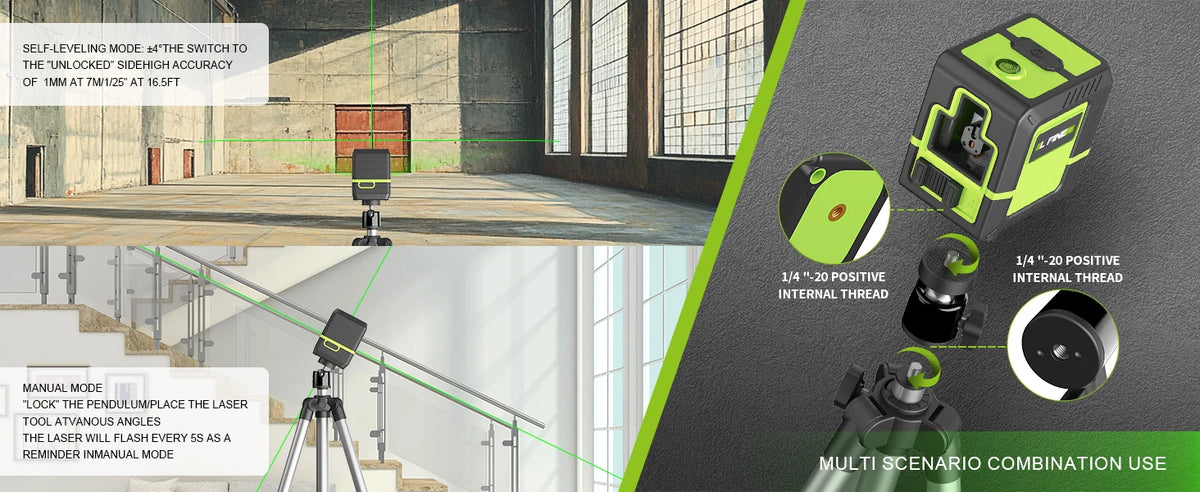 A self-leveling laser level device is shown with various accessories and usage scenarios.