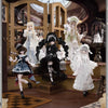 A collection of Minty Feather Mist Poetry Series 1/6 BJD blind box dolls in various white and black gothic-inspired outfits.