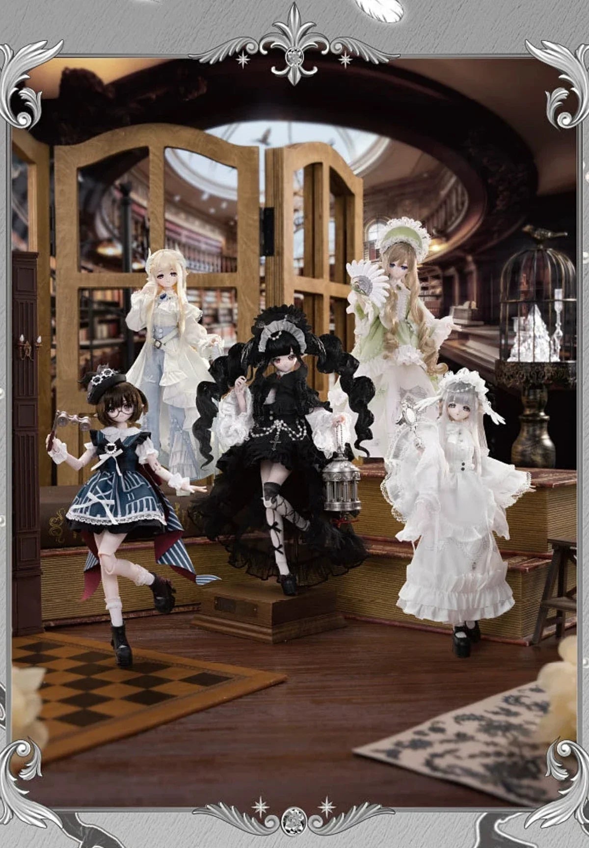 A collection of Minty Feather Mist Poetry Series 1/6 BJD blind box dolls in various white and black gothic-inspired outfits.