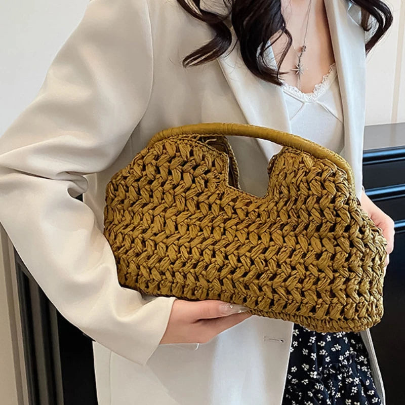 Handwoven Straw Tote Bag with Zipper