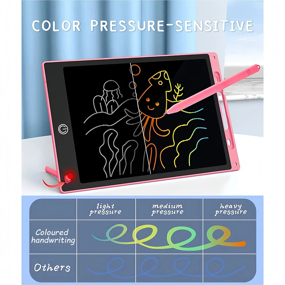 A pink LCD writing tablet displaying light, medium, and heavy pressure sensitivity for drawing.