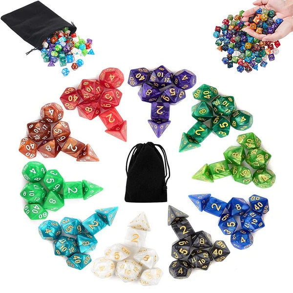 A set of multicolor polyhedral dice, including 7 D&D RPG dice, displayed with a black storage bag.