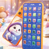 An orange kids smartphone learning toy displaying various icons for music, stories, and educational content.