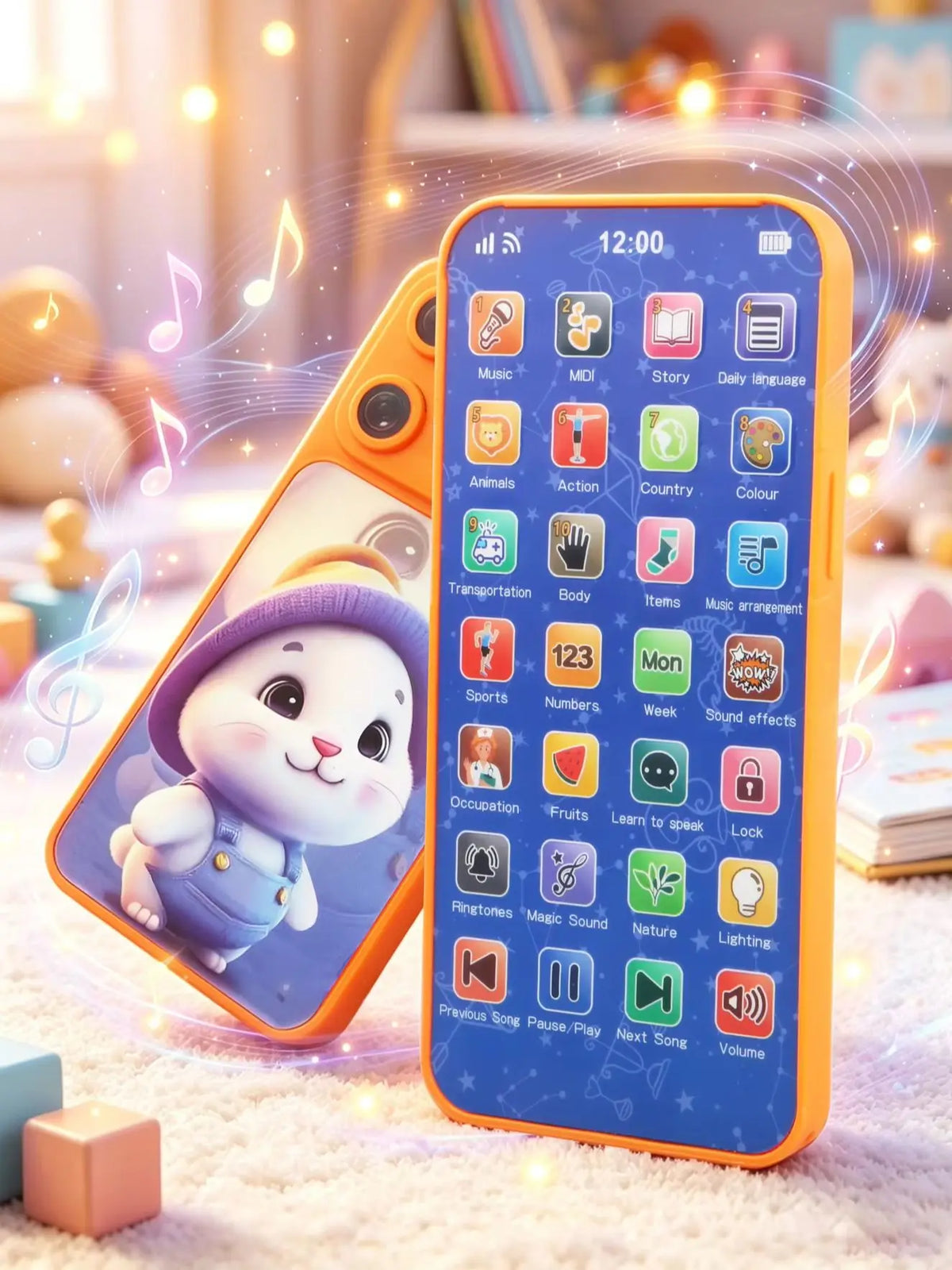 An orange kids smartphone learning toy displaying various icons for music, stories, and educational content.