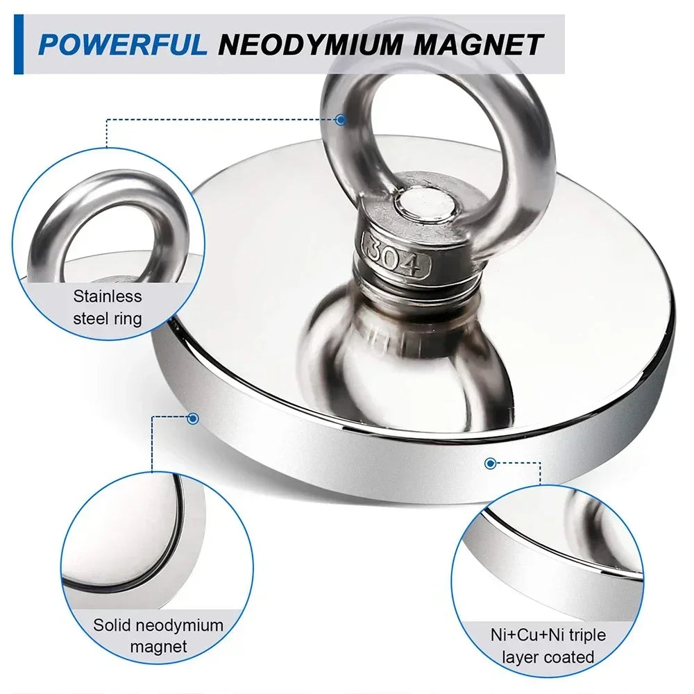 A powerful neodymium magnet with a stainless steel ring and NiCuNi triple layer coating.