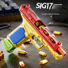 A red and yellow SIG17 mechanical automatic soft bullet gun is displayed with several brass cartridges on a dark surface.