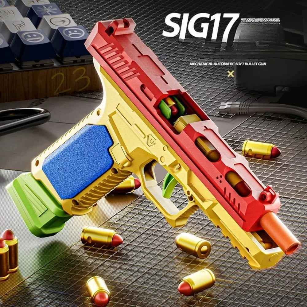 A red and yellow SIG17 mechanical automatic soft bullet gun is displayed with several brass cartridges on a dark surface.