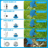 A collection of various plastic, wire, and steel blades and a circular saw disc for a cordless grass trimmer.