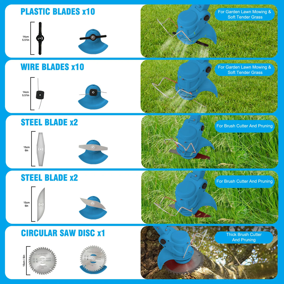 A collection of various plastic, wire, and steel blades and a circular saw disc for a cordless grass trimmer.