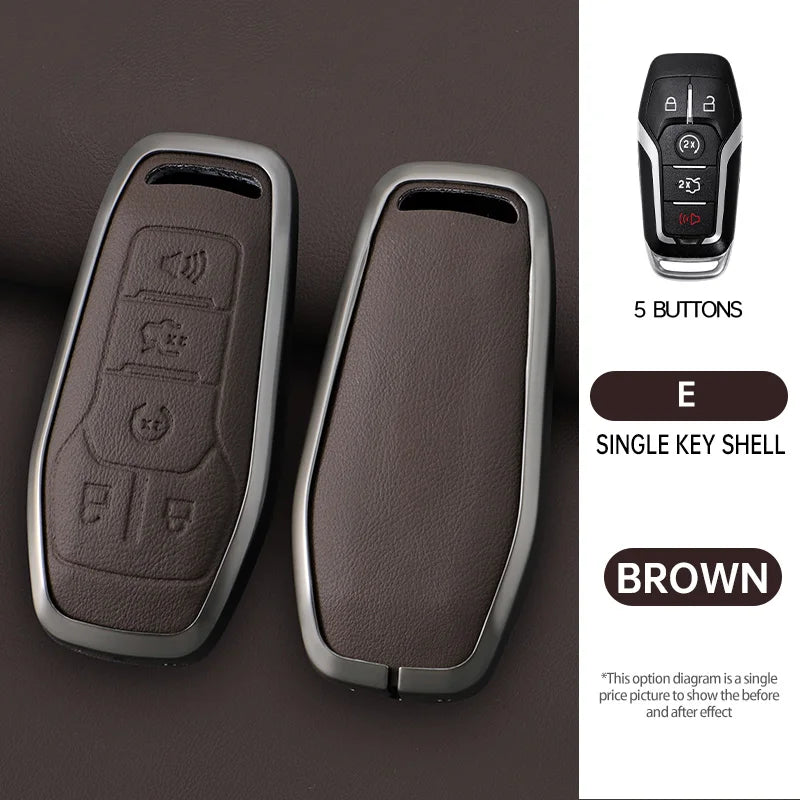 A dark brown leather car key case cover with five buttons and a single key shell shown next to a brown label.
