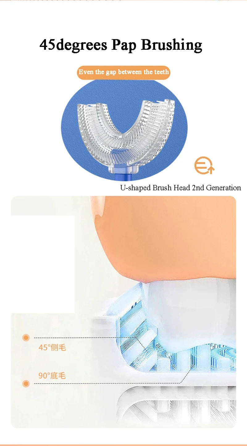 Close-up view of a 45-degree pap brushing silicone toothbrush head and a 90-degree bristles view.