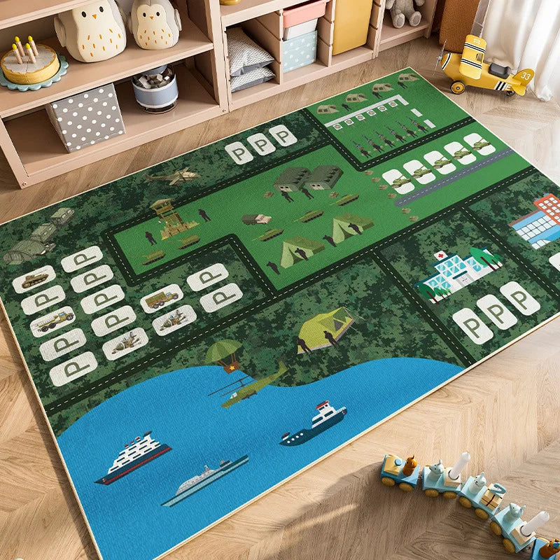 A green play mat featuring cartoon cars and vehicles for kids to play on.