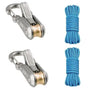 A pair of heavy-duty rope tensioners or tying tools, showing a metal clamp and a blue braided rope.