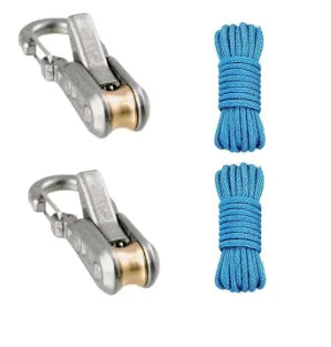 A pair of heavy-duty rope tensioners or tying tools, showing a metal clamp and a blue braided rope.