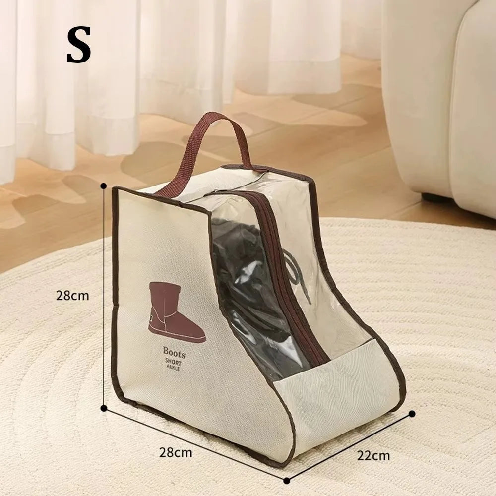A beige waterproof boot storage bag with a transparent window is shown on a light rug.