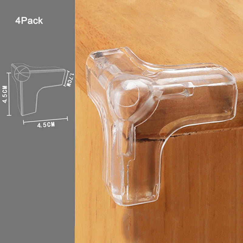 A clear silicone corner edge guard for baby safety, shown in a 4-pack context.