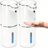 A white touchless automatic soap dispenser with a pump mechanism and an illuminated blue indicator light.