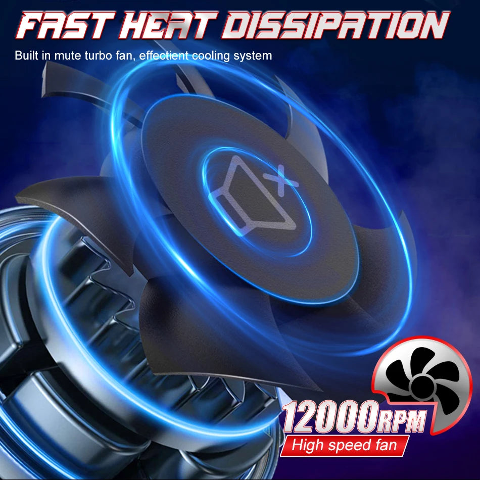 A blue turbo fan cooling system is shown in a close-up view against a dark background.