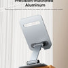 A precision-machined aluminum phone stand with a matte finish and beveled edges, shown against a light background.