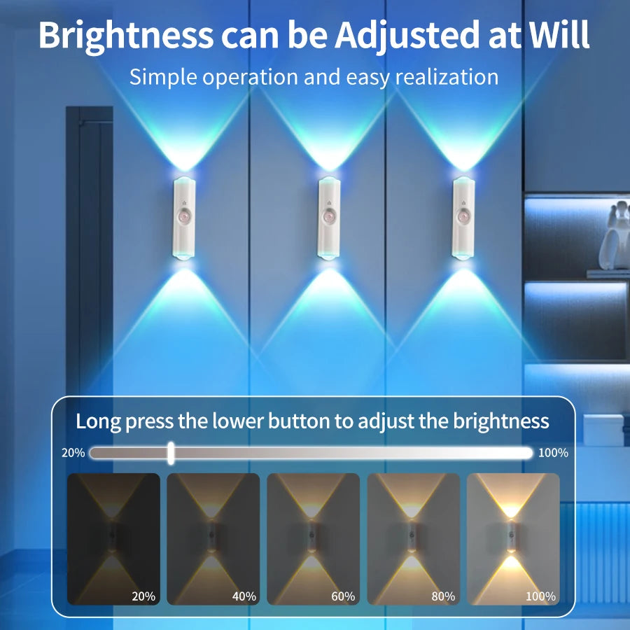 A close-up view of a light fixture demonstrating brightness adjustment using a lower button, showing various intensity levels