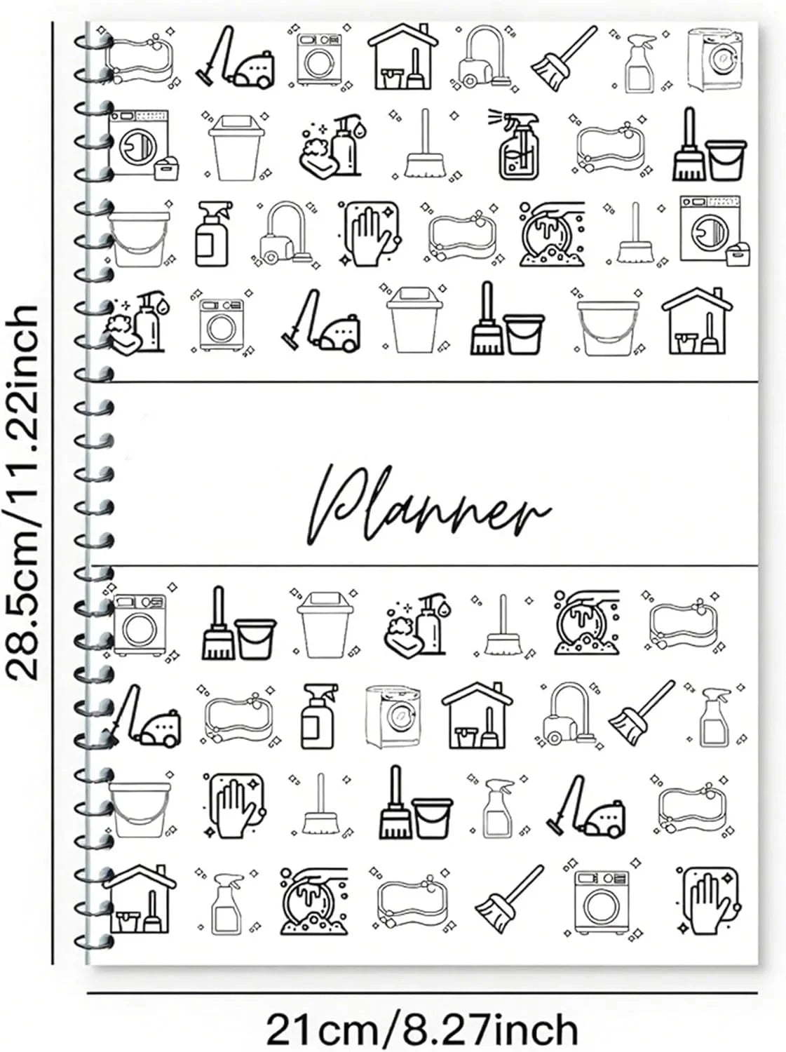 Cuaderno planificador encuadernado en espiral lleno de iconos de arte lineal relacionados con tareas de limpieza diarias, sem