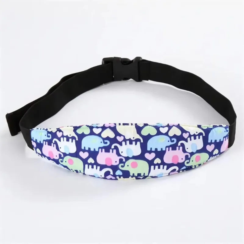 Black adjustable baby car seat sleeping headrest with a fabric pattern of various colored animals