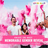 A group of people celebrating a gender reveal with pink colored powder in the air.