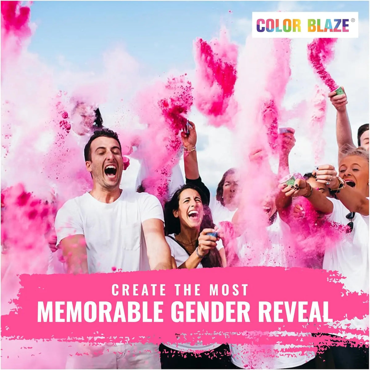 A group of people celebrating a gender reveal with pink colored powder in the air.