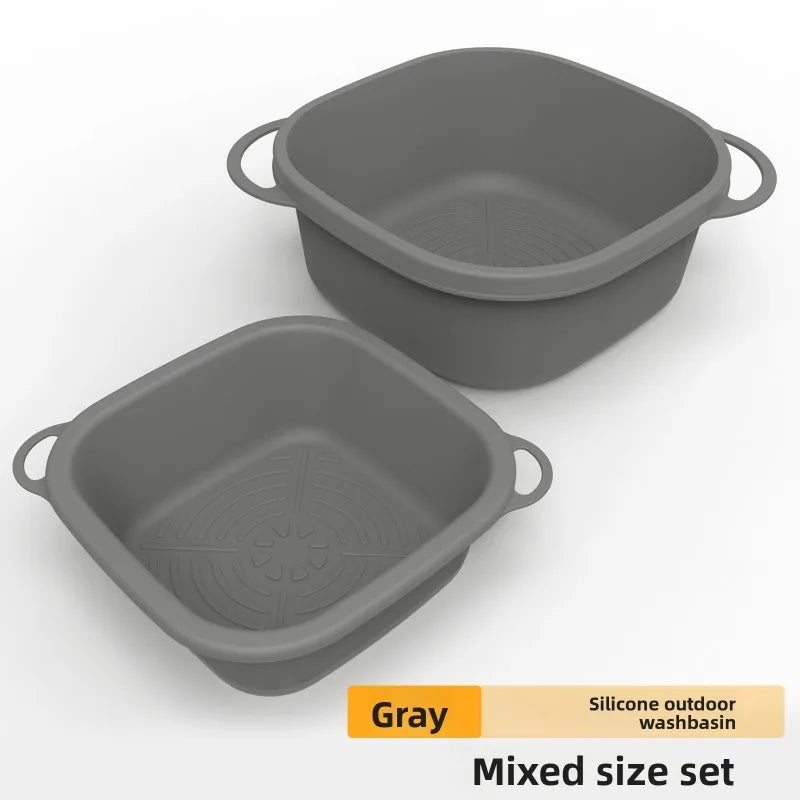 Gray silicone outdoor washbasin mixed size set featuring two bowls