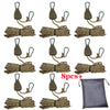 Eight camping rope tensioners with pulley buckles in brown and beige colors displayed on a gray fabric bag.