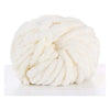 A ball of white chunky chenille yarn used for knitting and crochet