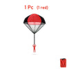 One red parachute toy with a black top and clear mesh canopy.