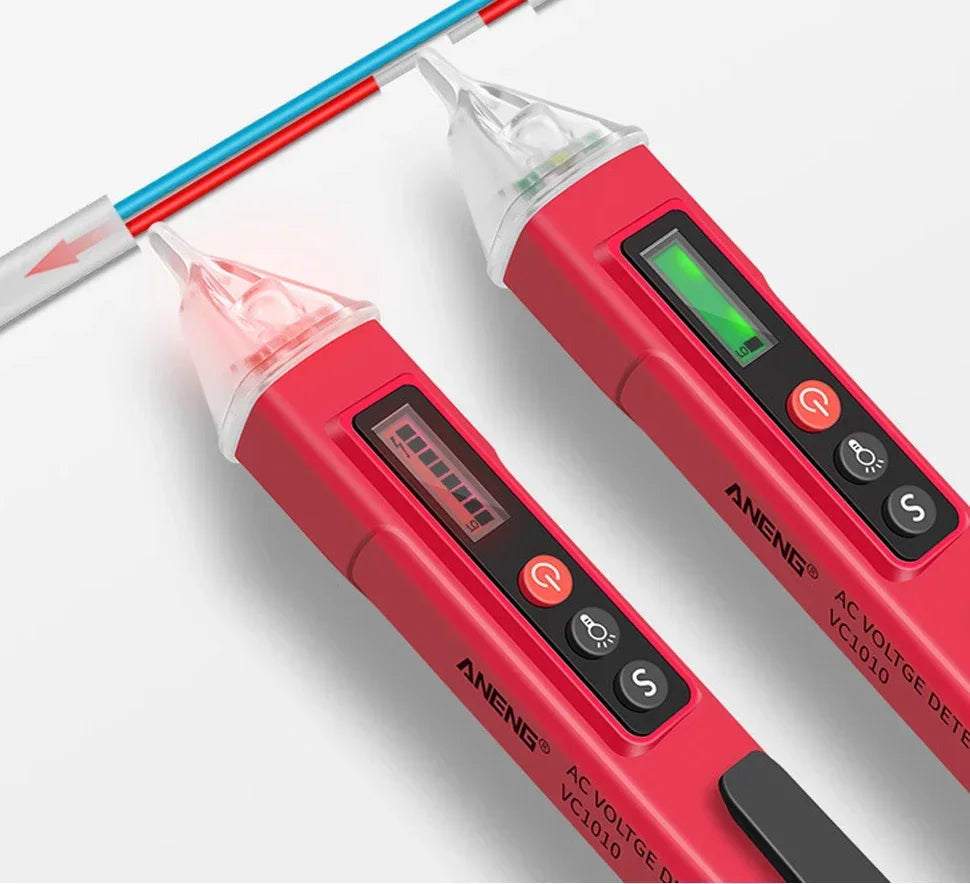 A red non-contact AC voltage detector pen with an LCD display and a testing probe.