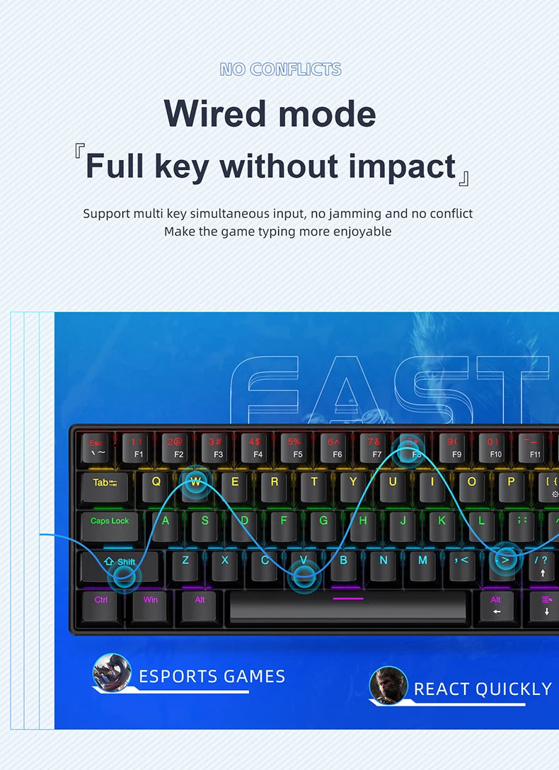 A close-up view of a black wired mechanical gaming keyboard with multiple keys and RGB backlighting, featuring text about wir