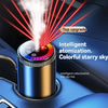 A rechargeable car aroma diffuser emitting red laser beams and colorful nebulized mist for intelligent star sky ambiance