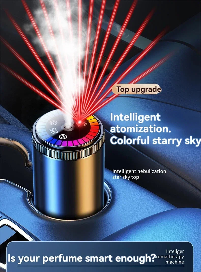 A rechargeable car aroma diffuser emitting red laser beams and colorful nebulized mist for intelligent star sky ambiance