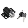 A black sliding door window lock mechanism with a key and a spare key.
