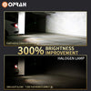 Comparison showing a 300% brightness improvement between an LED light bulb and a halogen lamp illuminating a car's turn signa