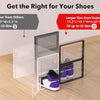 Stackable clear plastic shoe storage boxes with front doors showing various sized shoes and accessories.
