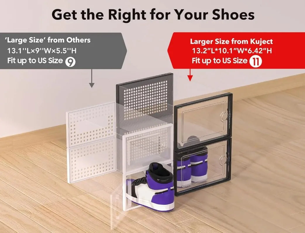Stackable clear plastic shoe storage boxes with front doors showing various sized shoes and accessories.